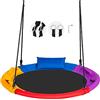 GYMAX Altalena Rotonda Bambini, Sedia Sospesa da Giardino, Ø100 cm, Carico Max.150 kg, Altezza Regolabile 100-180 cm, Seduta con Maniglia e Cuscino, Swing Portabile, Colorato