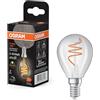 OSRAM Vintage 1906 Classic è una lampada LED bianca calda, dimmerabile, a forma di mini sfera con filamento a spirale. Offre 4,6 W per 470 lm, attacco E14, vetro trasparente, diametro 45 mm, 2700 K.