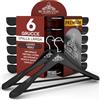 Eurocali 6 Grucce Appendiabiti in Legno Nero a Spalla Larga per Vestiti Abiti Giacche Camicie - RealGruccia con Barra Porta Pantaloni e Gancio Girevole 360° - Finitura Lucida e Profilo Smussato - 24x45cm