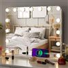 MAMIZO Specchio da trucco con luci, Specchio Hollywood 58x46 cm,15 LED, 3 colori di luce, Luminosità regolabile, Specchio cosmetico con luce, Da Parete o Da Tavolo, Bianco