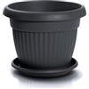 IMJ-Global Vaso con Sottovaso per piante Fiori DCE35-POD29 TERRA Tondo Ø35cm da interno esterno Nero 13 Litri Ø35x27,5 cm design Classico Fioriera in plastica da balcone Grigio Antracite