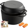 Overmont 2 in 1 Pentola Olandese In Ghisa - Padella Casseruola in Ghisa Pre-stagionato con Coperchio - Doppia Funzione Dutch Oven - per Campeggio Cucina Casalinga BBQ Bake - 6.6 L/ 7 Quart