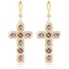Linawe Orecchini a croce, orecchini pendenti in oro, orecchini da donna con ametista, strass di cristallo viola, orecchini a goccia placcati in oro, ciondolo a croce, pietra portafortuna