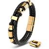 SERASAR Regalo Uomo Braccialetto Uomo 23cm Oro Bracciale Pelle Cuoio Regolabile Magnetico Inox Bracciali Braccialetti Perline Bracialetto Cinturino Braciale Bambino Bracelet Braciale Nere Accessori