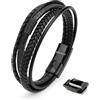 SERASAR Braccialetti Uomo Pelle 20cm Nero Braccialetto Cuoio Aggiustabile Magnetico Bracciali Perline Bigiotteria Bracialetto Cinturino Braciale Bambino Bracelet Corda Nere