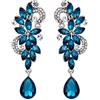 Clearine Orecchini a clip Boemo Boho Cristallo Fiore Sposa di nozze lacrima luminoso Lungo Mazzo di Clip-On a Pendenti Azzurro Argento-fondo