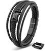 SERASAR Regalo per Uomo Bracciale Nero 17cm Braccialetto Pelle Cuoio Aggiustabile Regolabile Magnetico Bracciali Braccialetti Perline Bigiotteria Cinturino Braciale Bambino Men Bracelet Braciale Nere