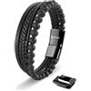 SERASAR Bracciale Uomo Pelle Nera 23cm Braccialetto Cuoio Pietre Lavica Multistrato Regalo Compleanno Gioielli Festa del Papà