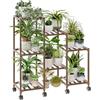 Bamworld Supporto per piante con ruote per piante da interno, in legno, per esterni, 3 pneumatici, 7 scalette in vaso, supporto per piante, da tavolo, per finestra, giardino, balcone, patio, soggiorno