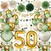 Almaxi Palloncini 50 Anni Compleanno Verde Oro,Decorazioni 50 anni Compleanno Donna Uomo,Festone Happy 50th Birthday,Pompons, Palloncino Cuore Riutilizzabile,50 Anni Decorazioni Festa Compleanno