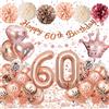 Almaxi 60 Anni Compleanno Donna,Palloncini 60 Anni Compleanno Oro Rosa, Decorazioni Compleanno 60 Anni con Palloncini Cuori e Corone, Striscione Happy 60th Birthday, Pompon di Carta, Decorazioni Festa Donna