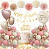 Almaxi Decorazioni Compleanno Bambina Ragazza Donna, Palloncini Compleanno Rosa, Addobbi Compleanno con Striscione Happy Birthday Decorazioni, Palloncino Cuore Rotondo, Pompon di Carta
