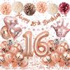 Almaxi Decorazioni Compleanno 16 Anni Ragazza, Palloncini 16 Anni Compleanno Oro Rosa con Numero 16, Cuori e Corone, Decorazioni Festa con Striscione Happy 16th Birthday, Regalo Ragazza 16 Anni