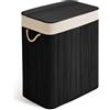 Massido Cesto portabiancheria a 2 scomparti, 100 l, con coperchio e sacco per la biancheria, in bambù, colore nero, 61 x 54 x 34 cm