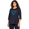 Ulla Popken Maglietta da Donna Taglie Forti, Taglie Forti, Motivo Cuore, Linea A, Scollo a V, Maniche Lunghe, Blu Marino, 48/50 IT