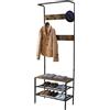 Amig - Appendiabiti con scarpiera Lukïen | Mobile da corridoio con panca in stile industriale | 183x66x32,5 cm | Metallo e legno | Nero e marrone | Mobile per corridoio o ingresso in stile rustico