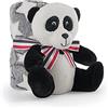 PERLETTI Coperta Neonato con Peluche Panda Animale Morbida e Calda - Mussola Bimbo Bimba 0 1 2 3 Anni con Pupazzo - Plaid Invernale Bambini Bambine Grigio Bianco con Fiocchetto - 120x80 cm - Perletti (Panda)