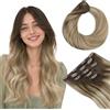 HOTBANANA Extension di veri capelli umani con clip, 5 pezzi, 70 g, 40,6 cm, colore sfumato da marrone noce a castano cenere e biondo ossigenato, extension con clip Remy