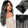 LaaVoo Extension Capelli Veri Clip PU Invisibile Senza Cucitura Balayage Nero Silver Naturale, Ultra Sottili Capelli Lisci Remy, Lunghezza Volume, Feste Quotidiano 4 Pezzi 90g 45cm #1b/s/1b