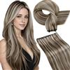 LaaVoo Extension Tessitura Capelli Veri Marrone Chiaro con Biondo Highlighted 50cm 100g, Matassa Sfumata Remy, Riflessi Dorati, per Look Unico #p8-60