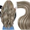 LaaVoo Extension Biadesive Capelli Veri 20pz Marrone Chiaro con Biondo Highlighted Umani Lisci Remy Extension Capelli Veri Biadesivo Invisibile Adesive 35cm 50g #P8/24