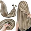 LaaVoo Extension Capelli Veri Nano 60cm Marrone Chiaro con Biondo Highlighted Extension Nanoring Capelli Veri Remy Invisible 50g 50ciocche #P8/24