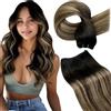 LaaVoo Extension Tessitura Capelli Veri Nero Naturale a Marrone Cioccolato con Biondo Caramello Balayage, Matassa Morbida Remy, Setosi, per Sposa e Matrimonio 35cm 80g #1b-4-27