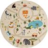 the carpet Happy Life - Tappeto da gioco per bambini, lavabile, con immagine di una strada, una giungla auto e animali, sfondo beige, 200 x 200 cm rotondo