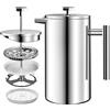 KICHLY Caffettiera a pistone in acciaio inox, macchina per caffè espresso e tè con triplo filtro, vetro resistente al calore con pistone in acciaio, caffettiera portatile, 34 oz (1,0 litri), argento