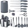 RAXCO Set di coltelli da cucina con blocco, 18 pezzi di utensili da cucina con 5 coltelli e 7 spatole in silicone (Grigio)