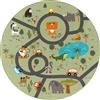 the carpet Happy Life - Tappeto da gioco per bambini, lavabile, con raffigurazione di una strada, giungla con auto e animali, sfondo verde, 160 x 160 cm, rotondo