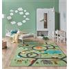the carpet Happy Life - Tappeto da gioco per bambini, lavabile, con raffigurazione di una strada, giungla con auto e animali, sfondo verde, 140 x 200 cm