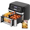 Emphsism Friggitrice ad Aria 12L | Friggitrice Aria XXL Modalità Flessibile 1 o 2 Zone, 2600W Doppia Resistenza Controllo Indipendente Finestra & Luce Interna, Air Fryer Grande 8-in-1 Touch Control Ricettario