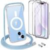DiDaDi Custodia magnetica Cover per iPhone 14 con cordino [compatibile con MagSafe] 2 pellicole protettive, 1 protezione per fotocamera in vetro, Collana con cordino regolabile (Blau)