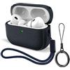 YieJoya Custodia protettiva per AirPods Pro 3 (2025), custodia antiurto in pelle TPU con portachiavi, cinturino da polso e finestra per display LED (blu marino)