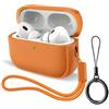 YieJoya Custodia protettiva per AirPods Pro 3 (2025), custodia antiurto in pelle TPU con portachiavi, cinturino da polso e finestra per display LED (arancione)