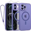 Phoona Cover Magnetica per iPhone 12 Pro Max 6,7 con Cordino e 2 Pellicole in Vetro Temperato, Compatibile con Magsafe, Custodia Traslucida Opaca Resistente Antiurto Sottile Protettiva Case, Lilla
