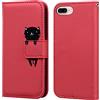 Norn - Cover per iPhone 7 Plus/8 Plus, motivo: gatto carino a portafoglio, con funzione stand, scomparti per carte e chiusura magnetica, colore: Rosso