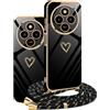HomiTunky Custodia con Collana per Xiaomi Poco C75 / Redmi 14C, Cover Donna Cuore amore con Cordino, Case con Laccio Tracolla Elettrolitico TPU Cover con Collana per Xiaomi Poco C75 / Redmi 14C,Nero
