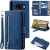EYZUTAK Custodia a portafoglio per Google Pixel 9a, in pelle con chiusura lampo, con 9 scomparti per carte di credito, retro opaco, in pelle, colore: blu