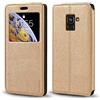 Shantime Custodia Flip in Pelle con Finestra Compatibile con Samsung Galaxy A8 2018 A530F, Display Visibile, Chiusura Magnetica Invisibile e Slot Carta(Oro)