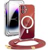 DiDaDi Custodia magnetica Cover per iPhone 16 con cordino [compatibile con MagSafe] 2 pellicole protettive, 1 protezione per fotocamera in vetro, Collana con cordino regolabile (rosso)
