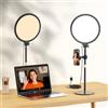 LUXCEO Luce ad anello da 25,4 cm con supporto e supporto per telefono, 10 W, da tavolo, con 3 temperature di colore e 10 livelli di luminosità, girevole a 360°, per videoconferenze, home office