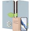 MOJIA Custodia a Portafoglio per Blackview Wave 9C / Wave 9, Cover in Pelle PU Flip con Fiore e Chiusura Magnetica Foglia, Slot Carte, Funzione Stand.-Blue