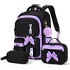 Amythe Zaino Scuola Elementare Bambina 3 Pezzi, con Borsa Porta Pranzo + Astuccio, Zaino Scolastico per Ragazze Elementari Medie con Réfléchissante, Zaino Bambini per Scuola e Viaggi, Nero Viola