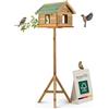 Moorland Casa per Uccelli con Finestre e Supporto in Legno di Abete FSC® | 135cm mangimatoia chiusa tetto verde in tegole casetta per tutto l'anno Esterno mangiatoia giardino VH2