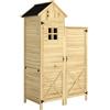 Outsunny Armadio da Giardino in Legno di Abete Design a Doppia Zona, Casetta Porta Attrezzi da Esterno con Ripiani Amovibili, Finestre, Porte, Tetto Asfaltato Inclinato, 106x57x167 cm, Color Legno