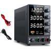 WANPTEK POWER Alimentatore da Banco 120V 3A, Alimentatore da Laboratorio Regolabile con OCP, Alimentatore Stabilizzato con Display LED a 4 Cifre, Porta USB-A & Type-C Ricarica Rapida