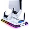 Wigearss Supporto Verticale Raffreddamento PS5/PS5 Slim/PS5 Pro con Doppio Caricatore Controller, Base di Ricarica Joystick PS5 con Ventola Raffreddamento, Illuminazione RGB per PS5/PS5 Slim/PS5 Pro