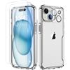 ORETECH Cover per iPhone 15, Custodia iPhone 15(6.1 Pollici), 2 Pezzi Pellicola Protettiva in Vetro Temperato & 1 Pellicola Fotocamera Antiurto Ultra Sottile Hard PC Silicone Cover - Trasparente